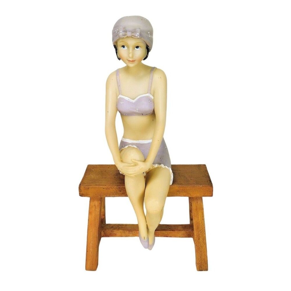 Vintage 1920's Art Deco Girl in a Bikini Swimsuit Seated on Bench Sculpture